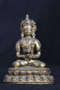 CHINESE GILT BRONZE BUDDHA,QING DYNASTY: Chinese Gilt Bronze Buddha H:13 cm &