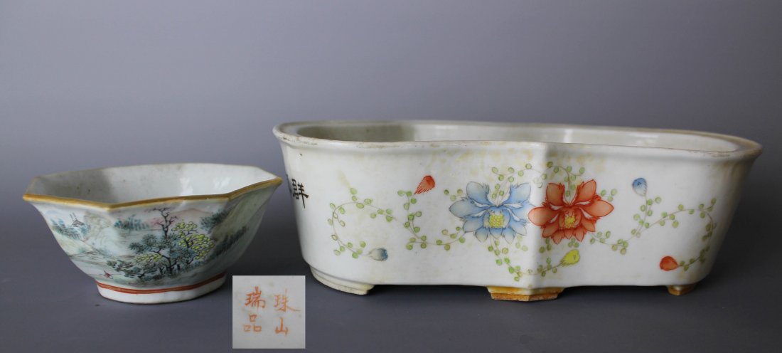 TWO CHINESE PORCELAIN , 1, FAMILLE ROSE NARCISSUS BASIN: Painted Landscape and Flowers 1,W: 2&#