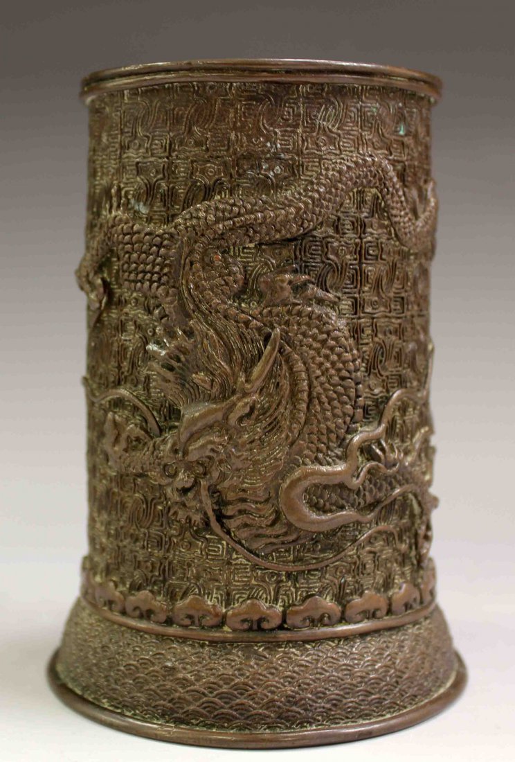 DRAGON CHINESE CARVED PEN HOLDER: "龍祥雲銅筆筒一個
H: 11 CM ( 4 1/4)"
