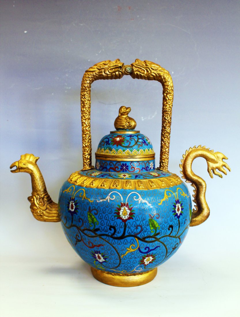 CLOISONNE DRAGON AND PHOENIX ENAMELED METAL TEAPOT: "A Large Cloisonne Dragon and Phoen
