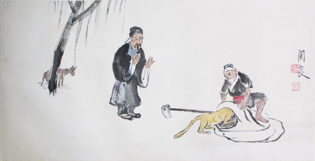 GUAN LIANG (1900 - 1986) CHINESE FIGURE PAINTING: "Ink and color on paper, framed, si
