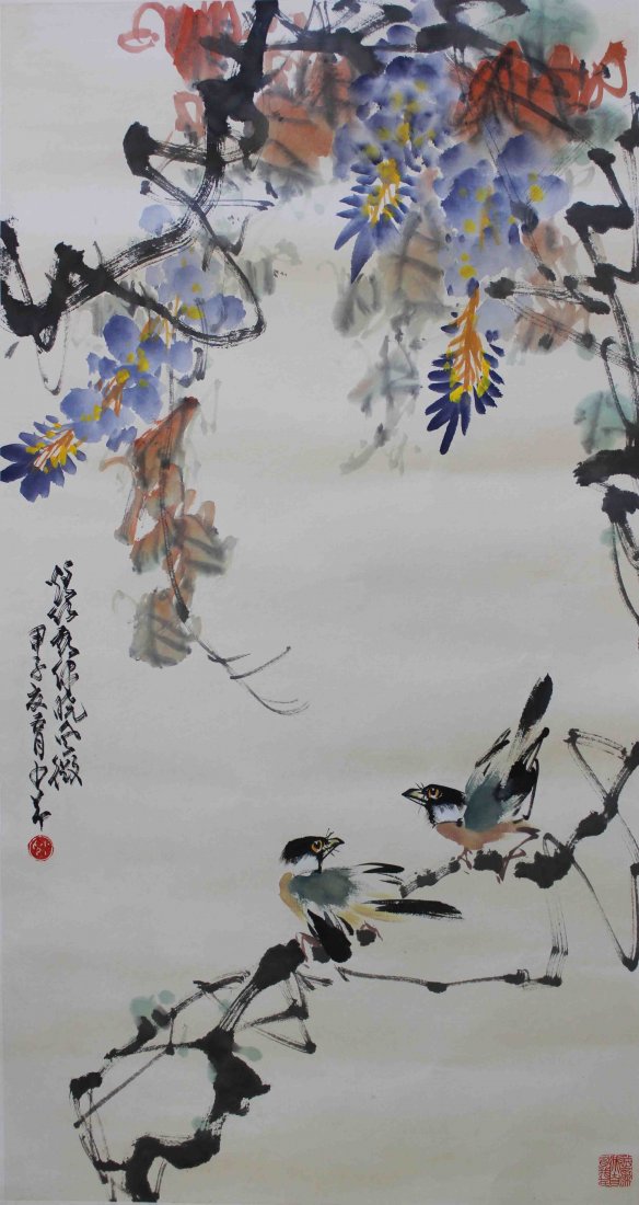 ZHAO SHAOANG ( 1905 - 1998 ) CHINESE FLOWER AND BIRD: "Ink and color on paper, hanging sc