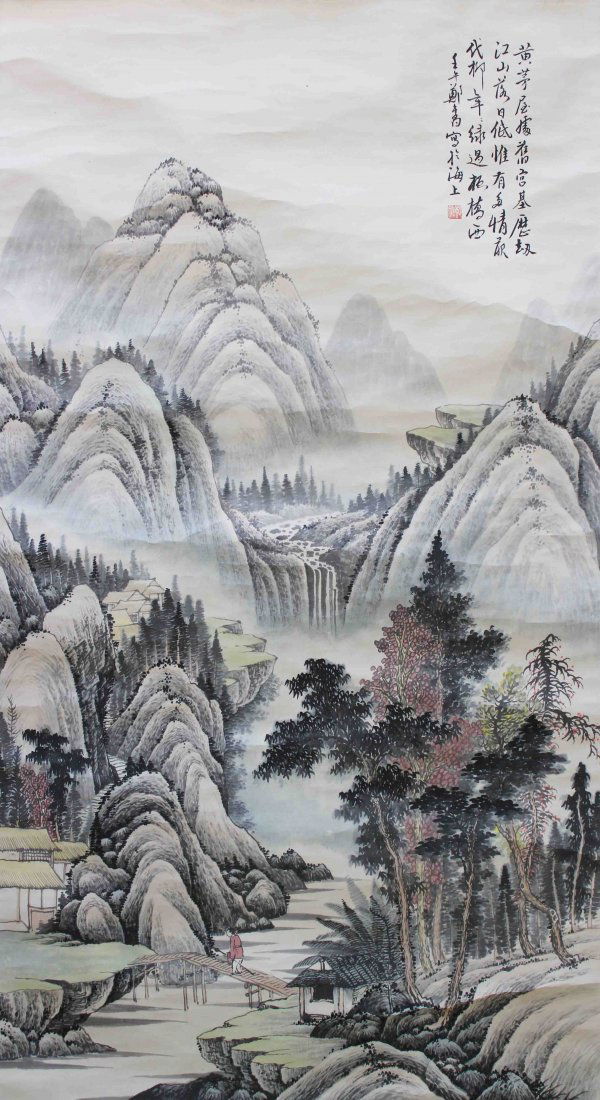 ZHENG WUCHANG (1894-1952) CHINESE LANSCAPE PAINTING: Ink and color on paper, hanging scroll, signed and sealed. Width 52.5 cm (20 5/8 in) x height 96 cm (37 3/4 in) _x000D_ 鄭午昌（1894—1952）名昶，