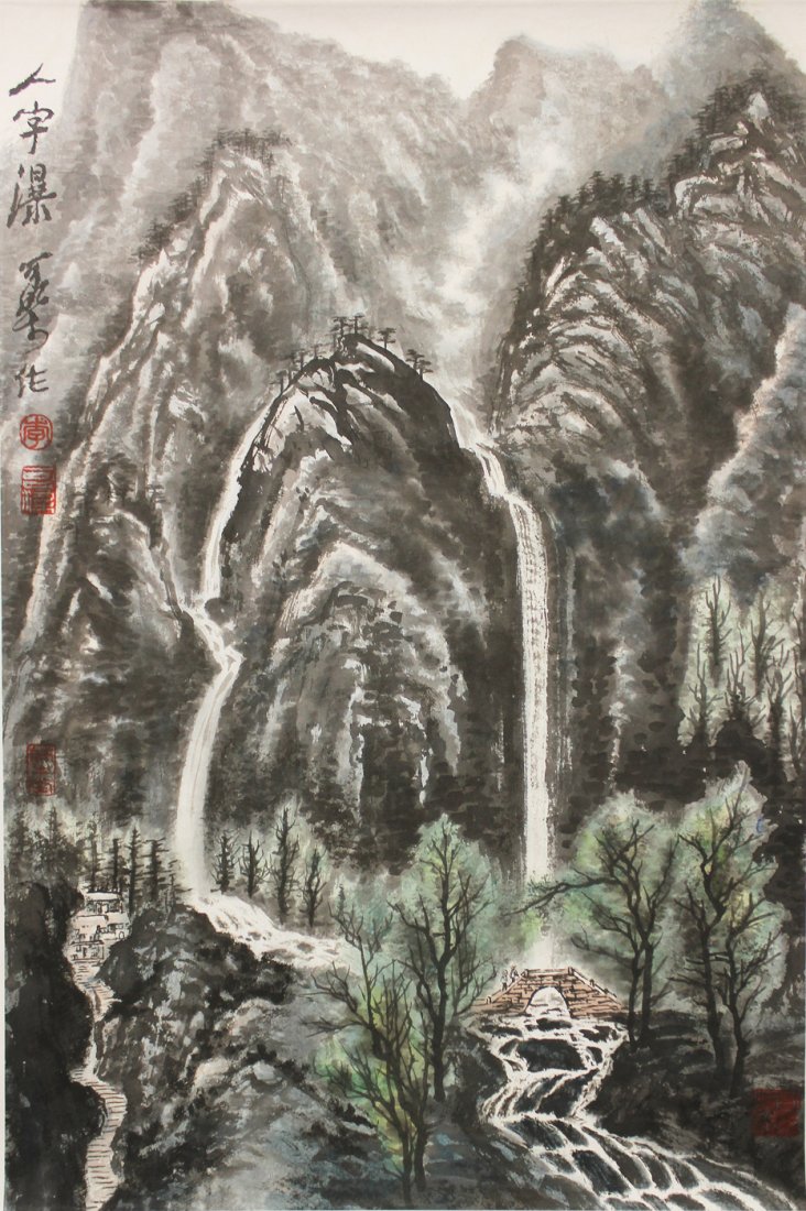 LI KERAN (1907 - 1989) CHINESE LANDSCAPE PAINTING: Ink and color on paper, hanging scroll, signed and sealed. Width 45.72 cm (18 in) x height 43.18 cm (17 in) _x000D_ 李可染 (1907 - 1989) ，江蘇徐州N