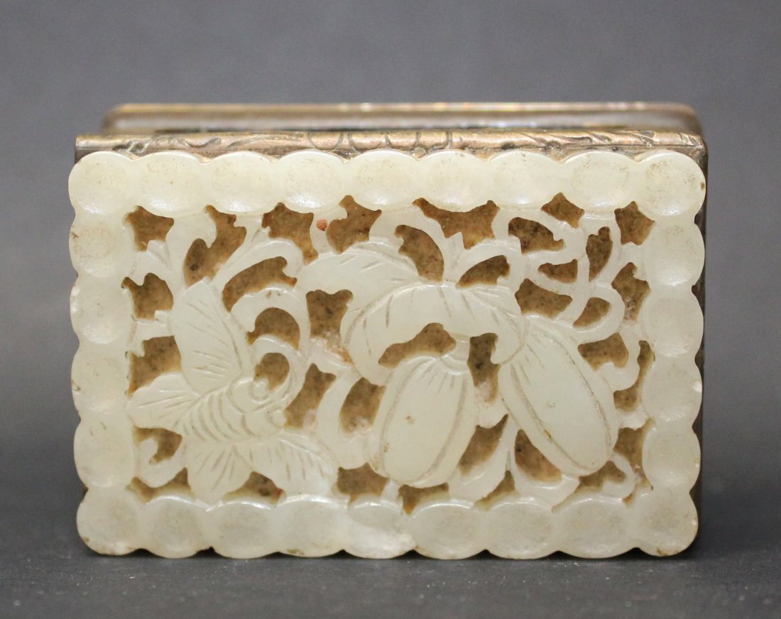 QING DYNASTY, A CHINESE MATCHES BOX MADE IN COPPER WITH: 清，白銅火柴盒白玉雕件鑲面，工藝精湛，極為少見 5.8cm x 3cm x 4