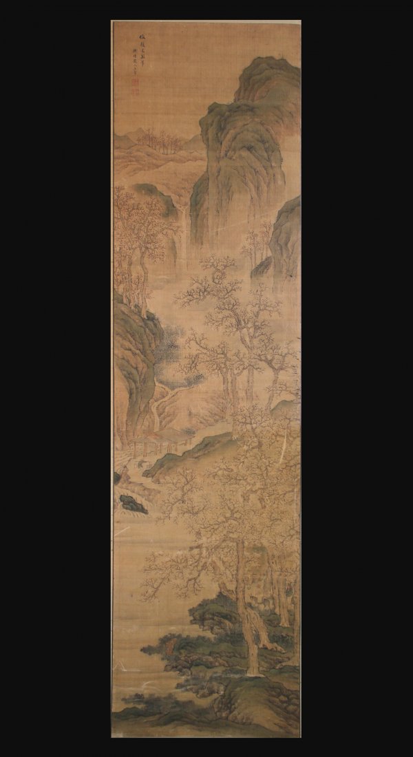 WANG HUI (1632 - 1717) CHINESE LANDSCAPE PAINTING: Ink and color on silk, framed, signed and sealed. Width 41 cm (16 1/8 in) x Height 165 cm (65 in) 王翬（1632 - 1717），字象文、石谷