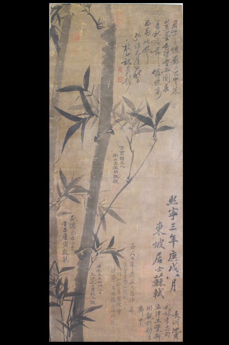 SU SHI (1037 - 1101) CHINESE BAMBOO PAINTING: Ink on silk, signed and sealed. Width 40 cm (15 3/4 in) x Height 100 cm (39 3/8 in) 苏轼（1037 - 1101），字子瞻，又字和仲&