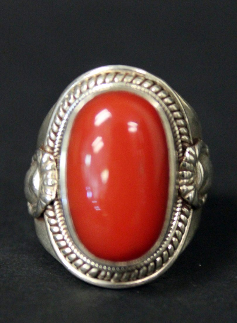 A STERLING SILVER SETTING WITH RED CORAL RING (1 of 4)