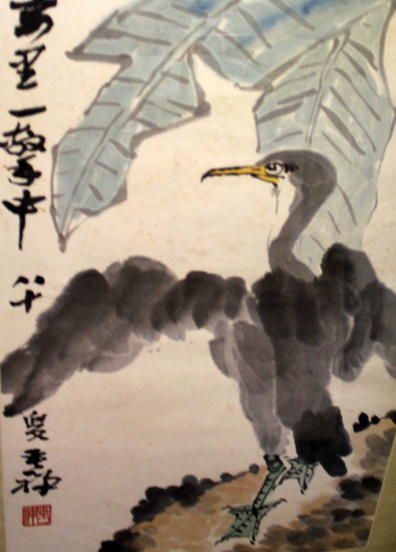 A CHINESE PAINTING SCROLL: INK AND COLOR ON PAPER,FRAMED,SIGNATURE OF LI KU CHUNG, 19X31 1/2"