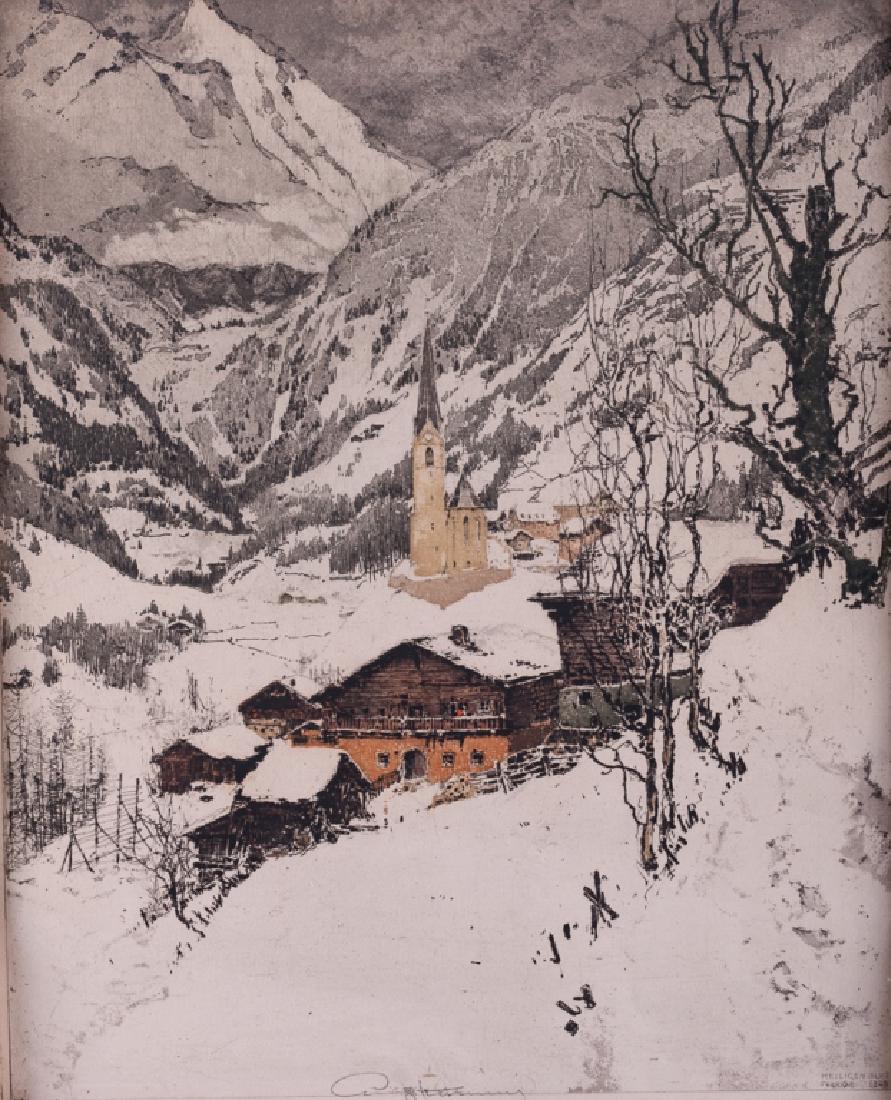 Luigi Kasimir "Heiligenblut" Color Etching: Luigi Kasimir (United States/Austria, 1881 - 1962) color etching scene depicting Saint Vincent Church in Heiligenblut am Großglockner (Holy Blood by the Großglockner), Austria with the Alps in the b
