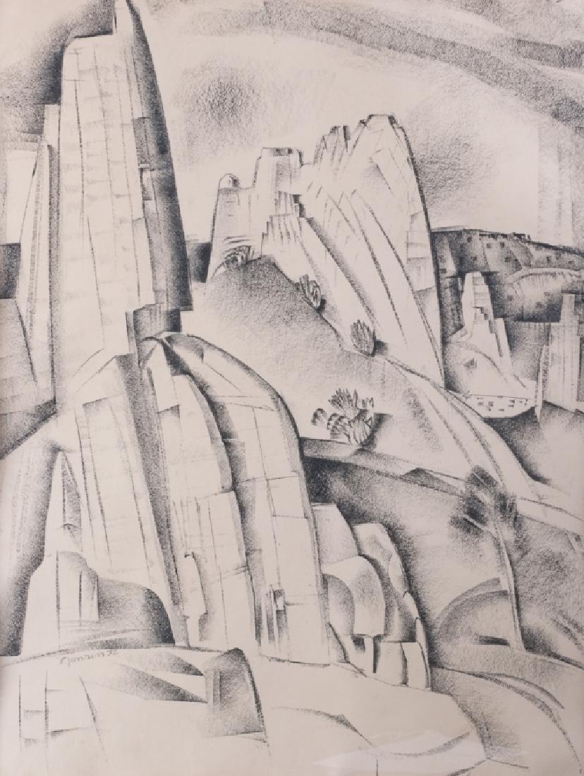 Raymond Jonson "Cerrillos Rocks 1932" Mixed Media: Carl Raymond Jonson (American, 1891-1982) mixed media drawing of a semi abstract landscape on paper. Signed "Jonson '32" to the lower left hand corner. Titled, signed, and dated to verso. Matted and f