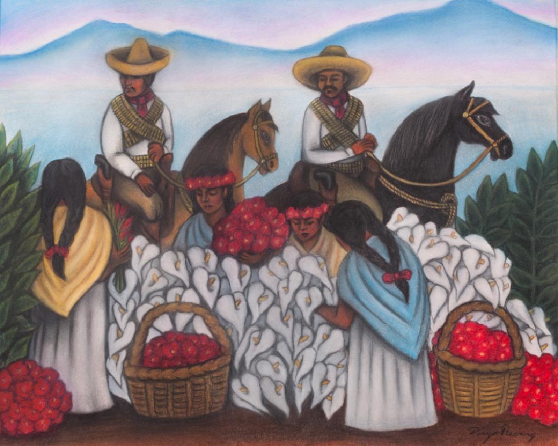 Diego Rivera "Mercado de Flores" Pastel Drawing: Diego Rivera (Mexico, 1886-1957) unframed pastel drawing depicting two men on horseback and four women selling flowers; signed by the artist to the lower right hand corner. Measures approximately 20"