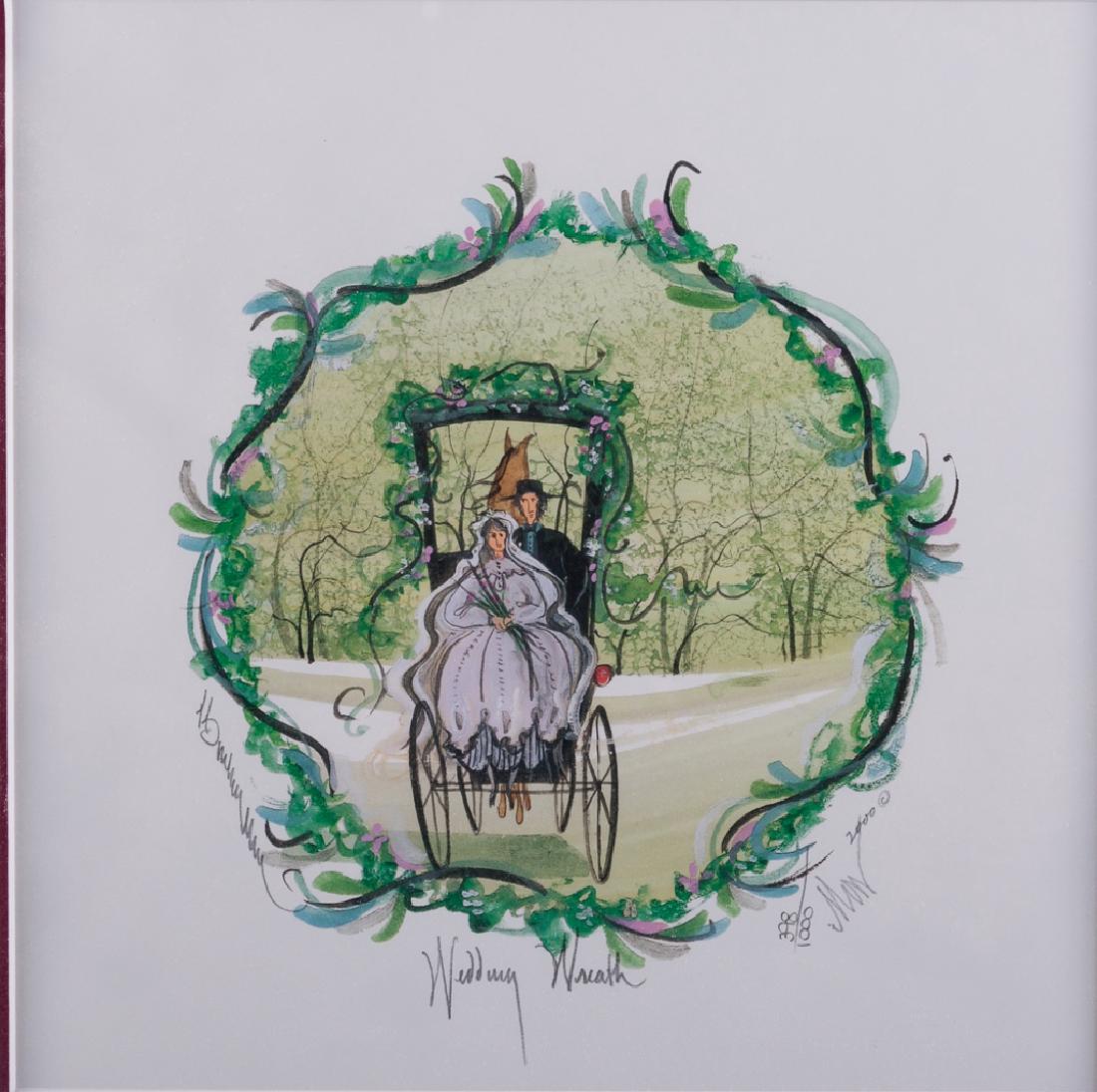 P. Buckley Moss "Wedding Wreath" 398/1000: P. Buckley Moss (American, 1933- ) "Wedding Wreath" depicting a newly married couple in a horse drawn buggy encircled by a wreath. Framed and matted under glass, hand numbered 398/1000 and hand signed