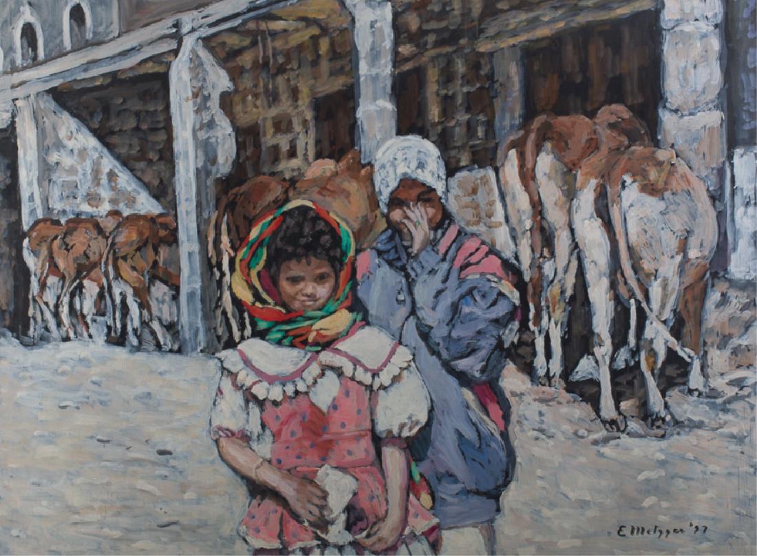 Evelyn Metzger Children with Cattle Oil on Panel: Evelyn Metzger (American, 1911-2007) oil on panel; signed and dated 97 to lower right; possibly depicting two South American children in front of a livery. The book that accompanies the painting is "T