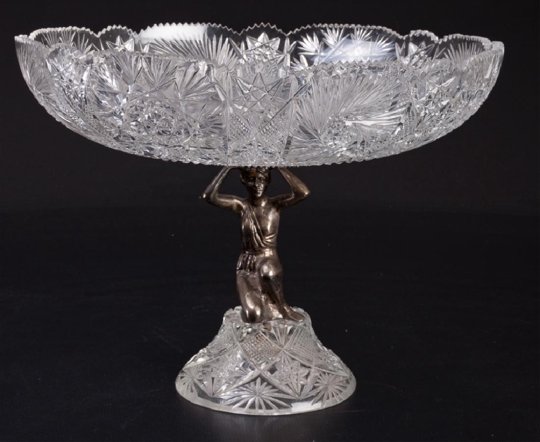 Cut Glass Compote with Cast Iron Female Figure: Cut glass compote supported by the cast iron figure of a kneeling woman in a toga attached to the cut glass base and "holding" the bowl above her head. Compote measures 10-1/2" in height, the diameter