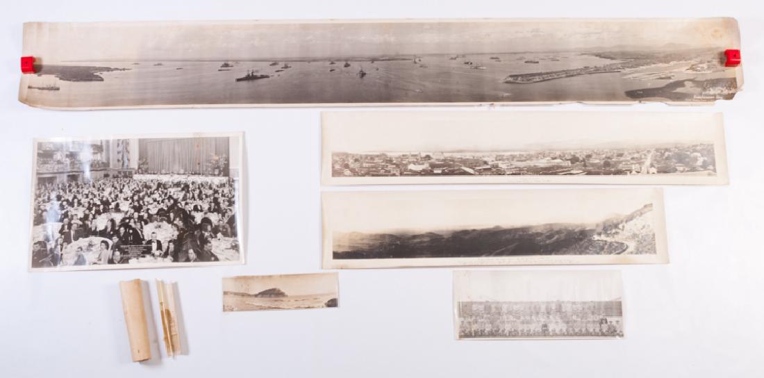 Guantanamo Bay 1947 Panoramic Photographs: Group of vintage photographs to include a view of Santiago De Cuba, a panoramic shot of the Atlantic fleet from the Gauntanamo Bay radio tower, a group photo at the Symposium, military banquet and bal