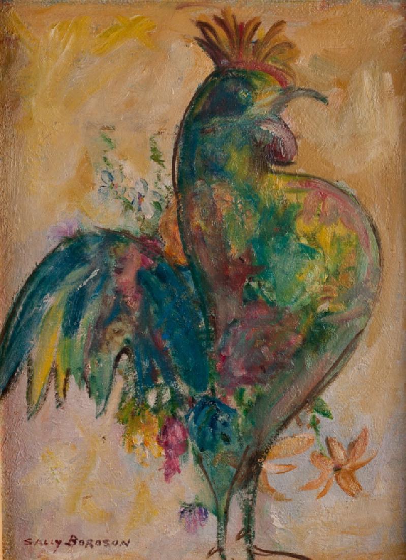 Sally Boroson Rooster Oil on Panel: Contemporary colorful depiction of a rooster, signed to lower left "Sally Boroson" and measuring in gold tone frame 17" in height with width of 12-7/8', and having a sight image height of 15-11/16" an