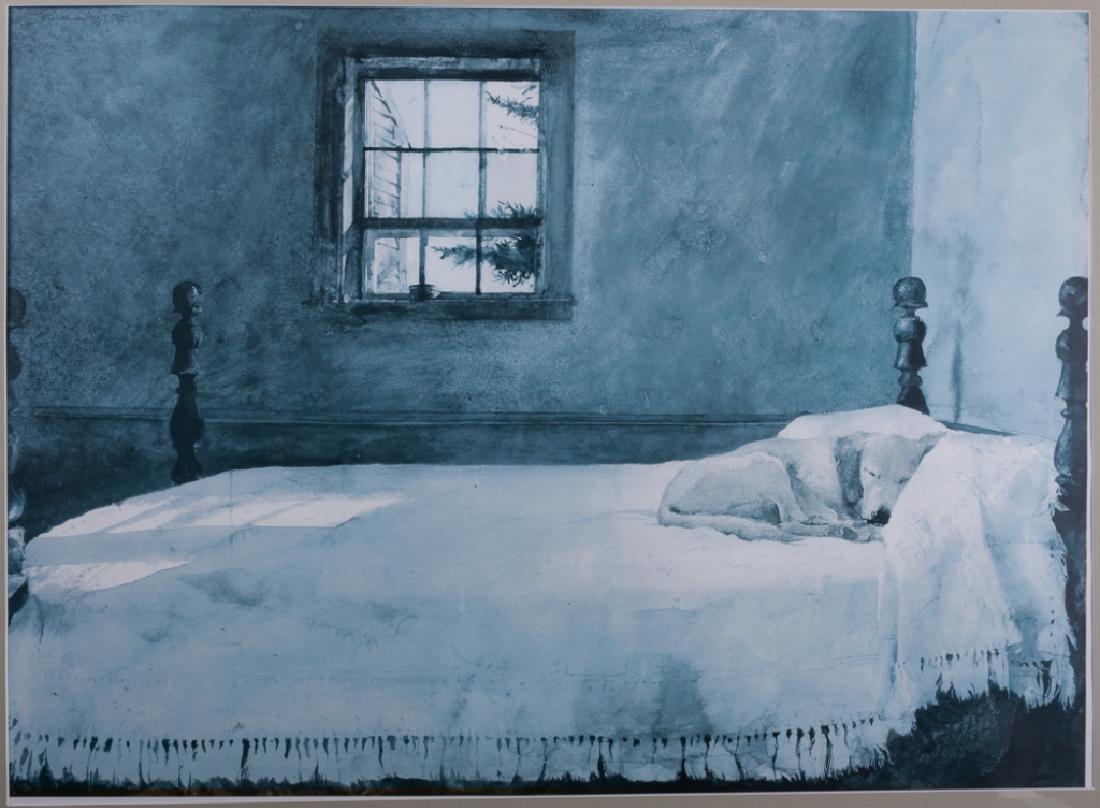 Andrew Wyeth “Master Bedroom” Framed Print: Andrew Wyeth (American, 1917-2009) print in blue tones of the famous 1965 watercolor “Master Bedroom”, which depicts a small dog curled up asleep at the head of his master’s bed. Framed and matt
