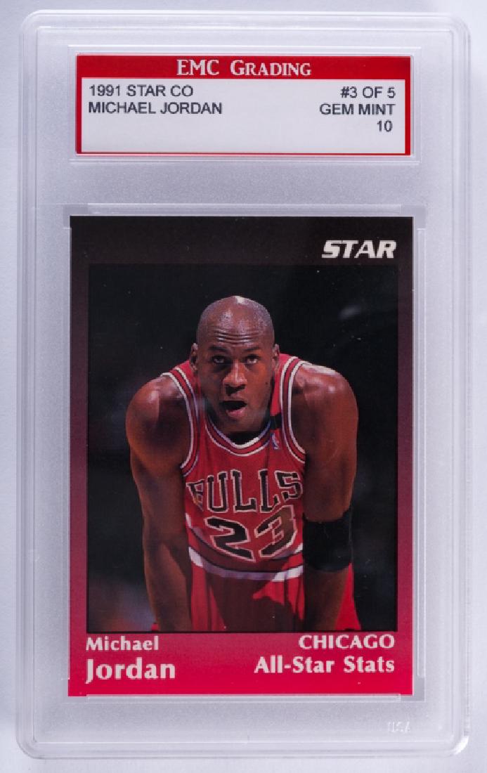 Michael Jordan 1991 Star Co. Basketball Card: Graded 'Gem-Mint'. In acrylic protector case, measuring approximately 5-1/2" high and 3-1/4" wide.