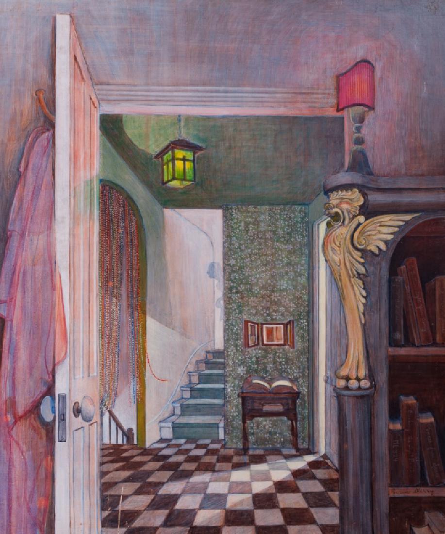Joan Kerry Interior Scene Oil Pastel on Board: Joan Kerry (American, 1929-1996) oil pastel on board depicting an interior scene featuring a book shelf & a shadow of a figure on a stairwell. Signed "Joan Kerry" to the lower right hand corner. Board