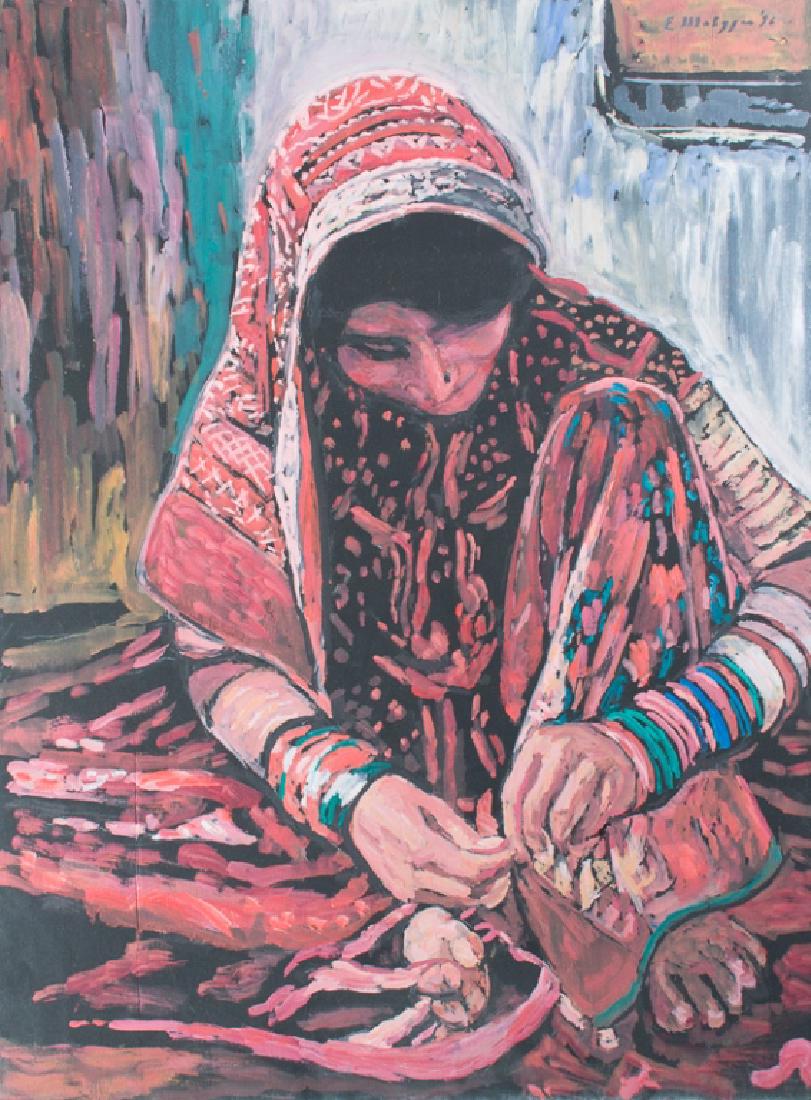 Evelyn Metzger Woman Embroidering Portrait: Evelyn Metzger (American, 1911-2007) oil on panel; signed to upper right and dated '96; possibly depicting an Indian woman embroidering. The book that accompanies the painting is "The Age of Grandeur