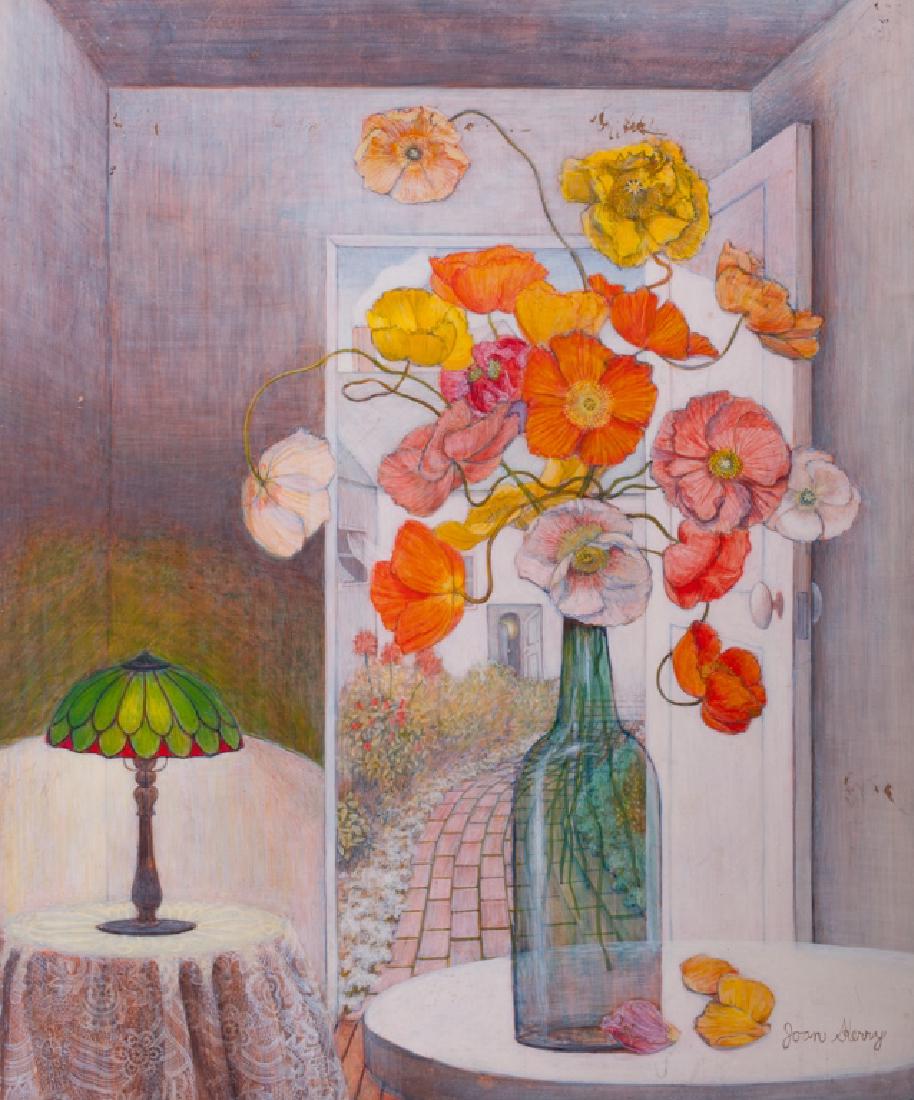 Joan Kerry Transitional Scene Oil Pastel on Board: Joan Kerry (American, 1929-1996) oil pastel on board depicting an interior scene with an open door, through which a garden path can be seen. Signed "Joan Kerry" to the lower right hand corner. Board m