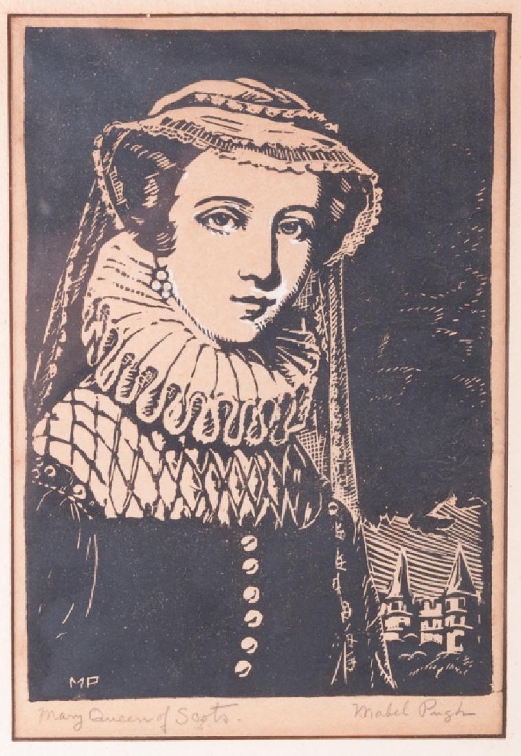 Mabel Pugh "Mary Queen of Scots" Woodblock Print: Mabel Pugh (American, 1891 - 1986) "Mary Queen of Scots" woodblock print, initialed in the plate, pencil titled and signed; measures approximately 14-1/2" in height by 11" in width with a sight image 