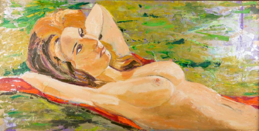 Gulam Zakriia Tukhi Semi Nude Female in Repose: Framed oil on canvas depicting a semi nude woman reclining on the ground, staring thoughtfully skyward. Signed "Zakriia Tukhi" and dated "10/1/12" to verso. Open face frame measures 25-1/2" in height 