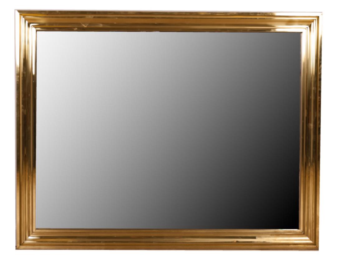 Le Barge Brass Wall Mirror: La Barge beveled mirror with a brass frame; measures approximately 46” high and 35-1/2” wide (can also be mounted as 35-1/2” high and 46” wide). La Barge paper label to back and marked “904