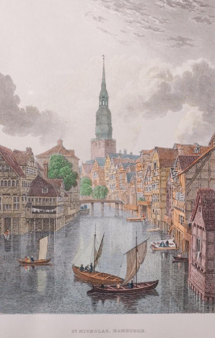 "St. Nicholas, Hamburgh" Colored German Engraving: "St. Nicholas, Hamburgh" colored German engraving. Matted and framed under glass; measures approximately 15" in height by 12-3/4" in width with a sight image of approximately 8-3/4" in height by 6" in