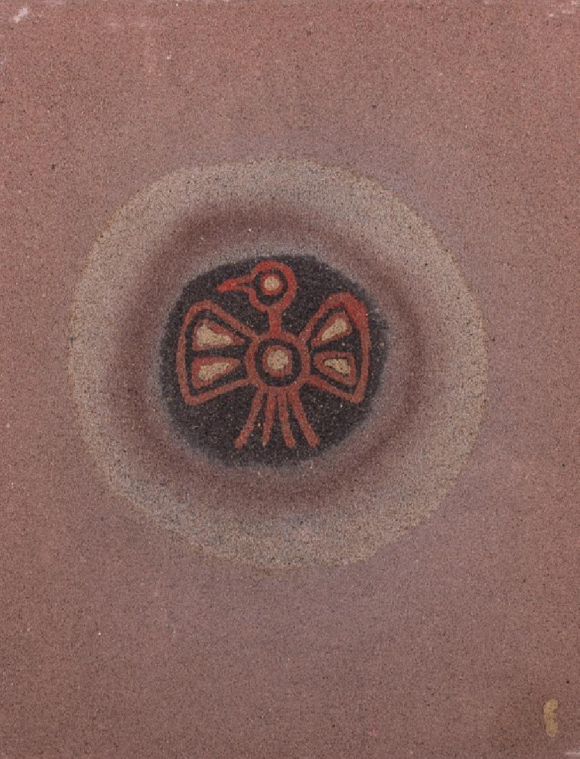 Joya Mixed Media Abstract Bird: Oil and sand on canvas depicting an abstract and geometrically stylized bird. Unframed canvas measures 14" in height by 11-1/4" in width. Signed "G Kathryn Joya" and dated "'72" to verso. All measurem