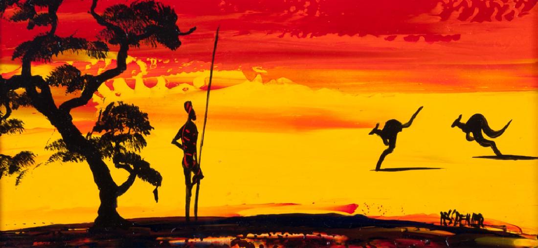 Australian Aboriginal Acrylic in Warm Tones: Acrylic painting depicting an Australian Aboriginal hunter watching kangaroos in the Outback, framed and matted under glass. Signed illegibly to the lower right hand corner. Frame measures 16-1/2" in 