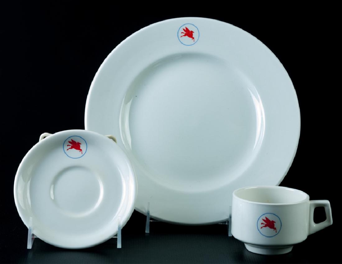 Grindley Mobile Gasoline Pre Prod. China Samples: W. H. Grindley of Stoke, Staffordshire England, White Granite Vitrified pre-production sample plate, cup and saucer each with the Mobil gasoline logo. Mobil, previously known as the Socony-Vacuum Oil
