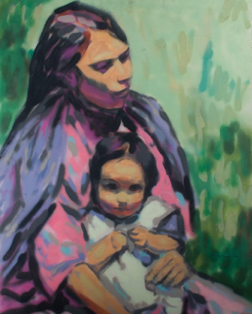 Evelyn Metzger Reclining Mother and Child: Evelyn Metzger (American, 1911-2007) oil on masonite (air brush technique); initialed to back; depicting child in the lap of her mother. The book that accompanies the painting is "The Age of Grandeur 