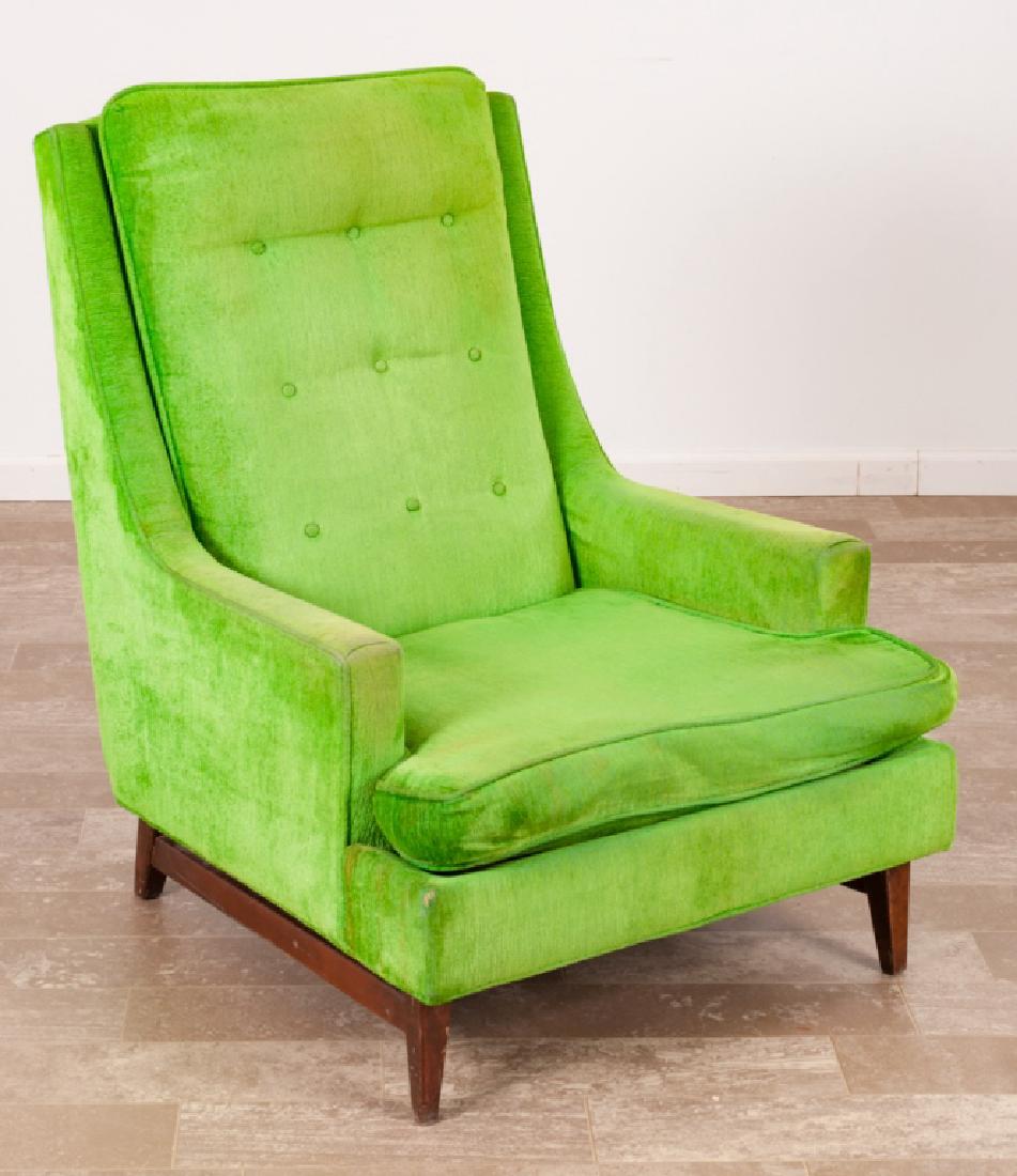 Selig Monroe Upholstered Tall Back Lounge Chair: Selig Monroe bright green upholstered armchair with button tufted backrest; measures approximately 39" high, 29" wide with a seat depth of 22-1/2" and seat height of 14-1/2". Selig Monroe tag to the s
