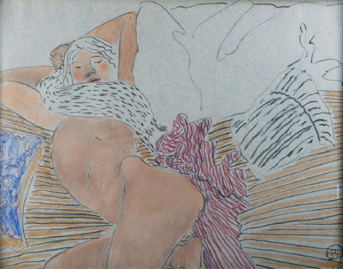 Beatrix Ost Reclining Woman Mixed Media: Beatrix Ost (German/American, 1940- ) charcoal and pastel drawing of a semi-abstract reclining nude woman, framed under plexiglass. Signed with the artist's monogram to the lower right hand corner. Me