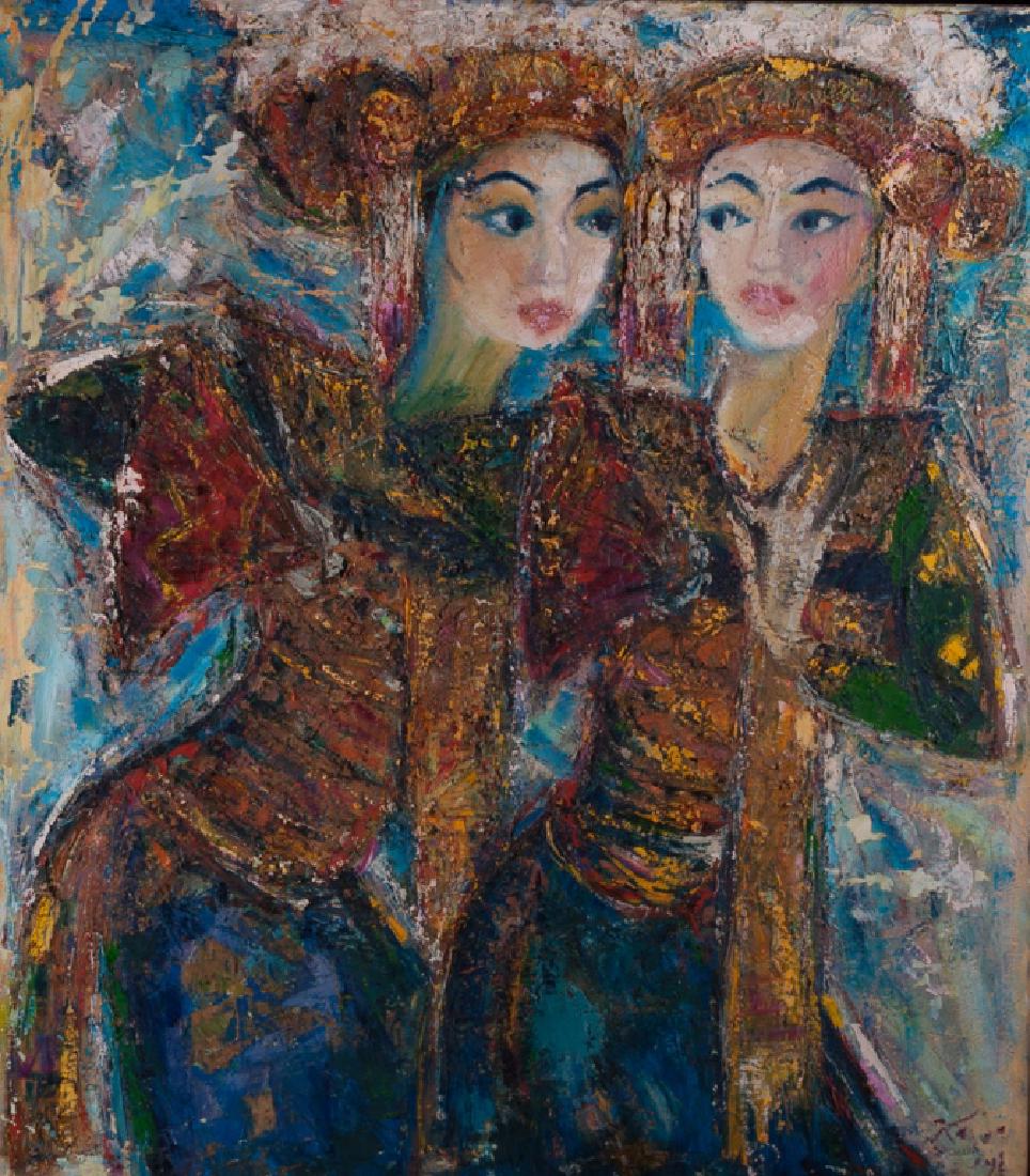 I Wayan Karta Legong Dancers Oil on Canvas: I Wayan Karta (Indonesian, 1961- ) oil on canvas depicting two Legong dancers in traditional garb, mounted in an open face black frame. Signed by the artist to the lower right hand corner. Frame measu