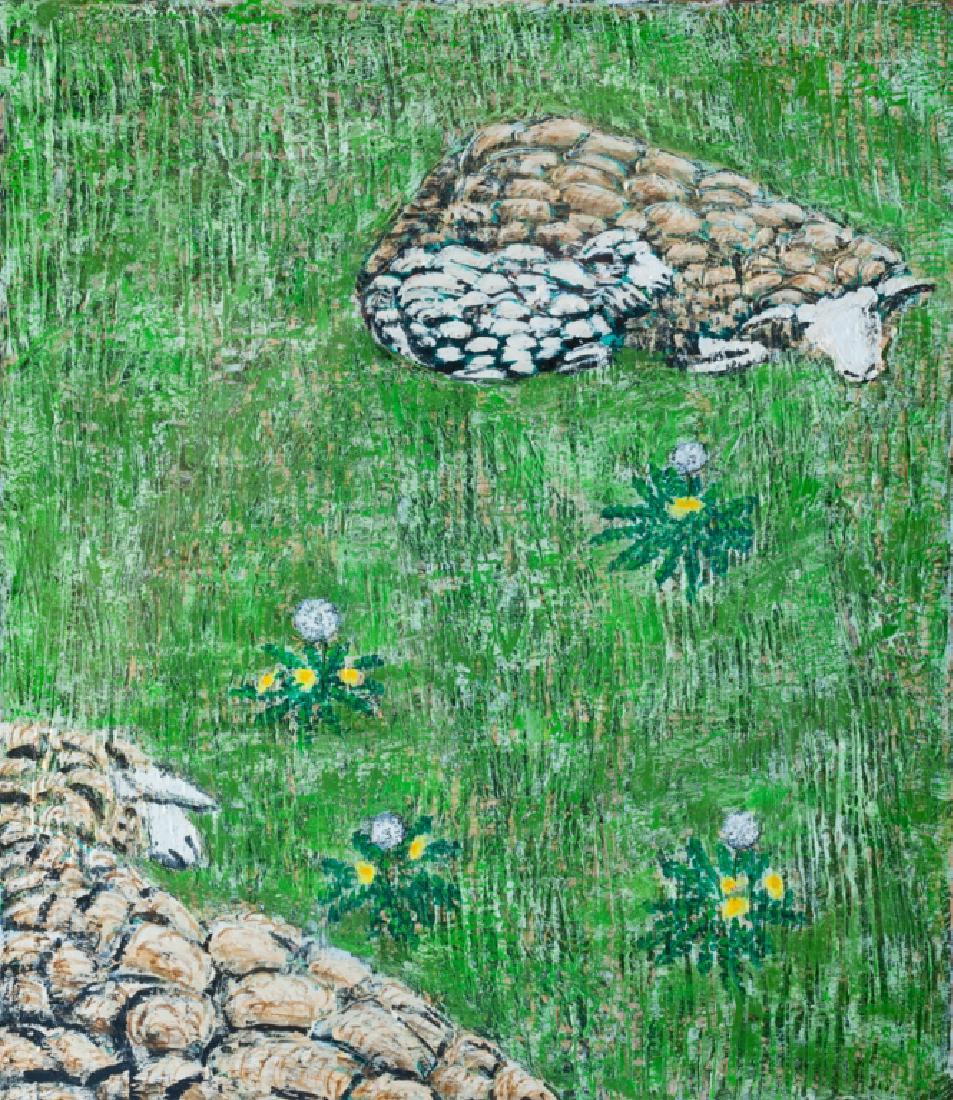 John Borden Evans Sheep in a Green Field: John Borden Evans (American, 1956- ) acrylic on canvas of two sheep laying in a verdant field, framed and matted under glass. Signed “John Borden Evans” to the lower left hand corner of the image