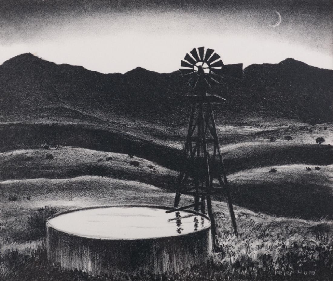 Peter Hurd "The Water Tank" Lithograph 1936: Peter Hurd (American, 1904-1984) lithograph on paper titled “The Water Tank” to verso, framed and matted under glass. Signed “Peter Hurd” to the plate. Metallic frame measures 15-1/2” in hei
