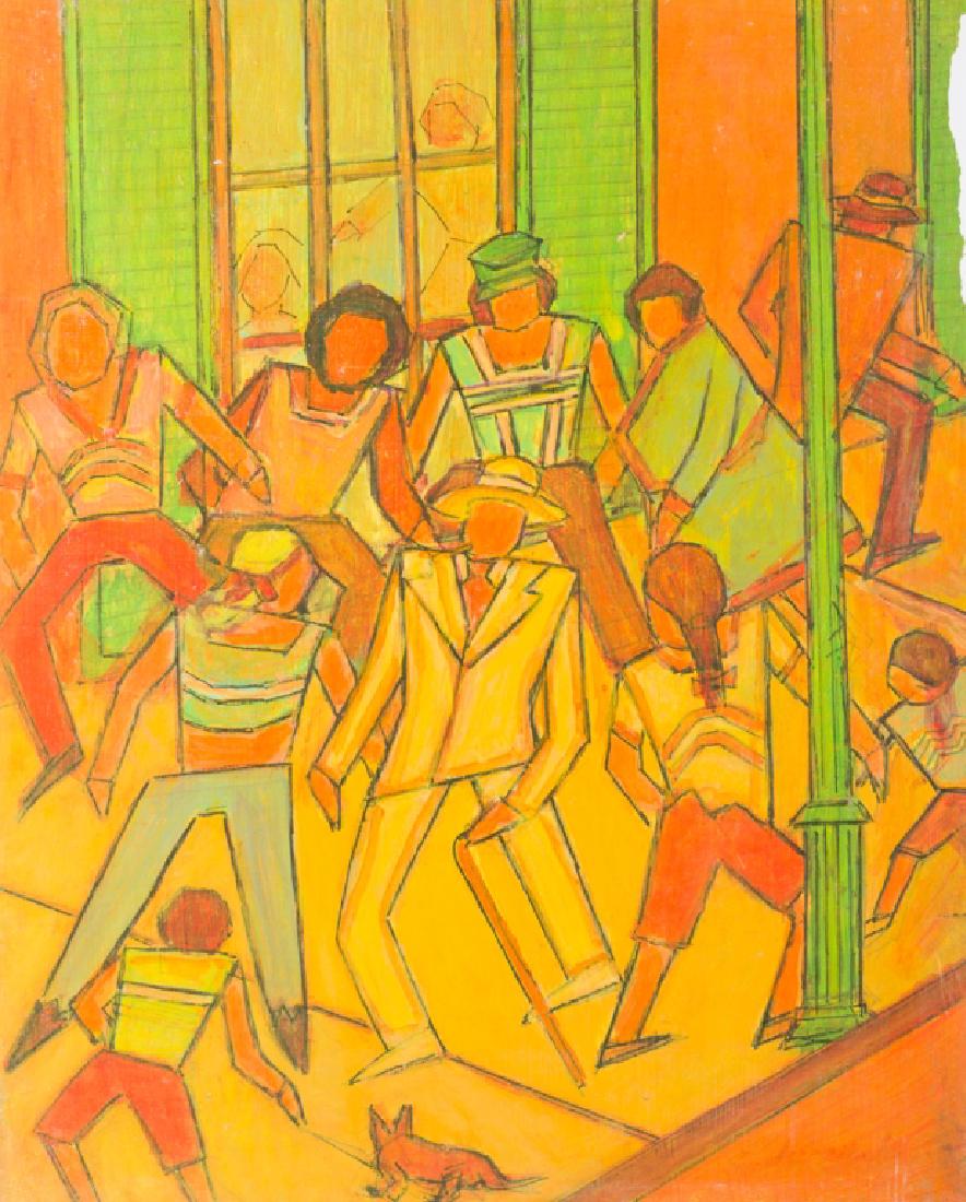 Larry Edwardson "Rip Van Winkle" 1979 Oil on Board: Larry Edwardson (American, 1904-1991) oil on board depicting a lively street scene, titled "Rip Van Winkle", subtitled "Sketch for a Larger Painting-" and dated 1979 to verso. Signed "Edwardson" faint