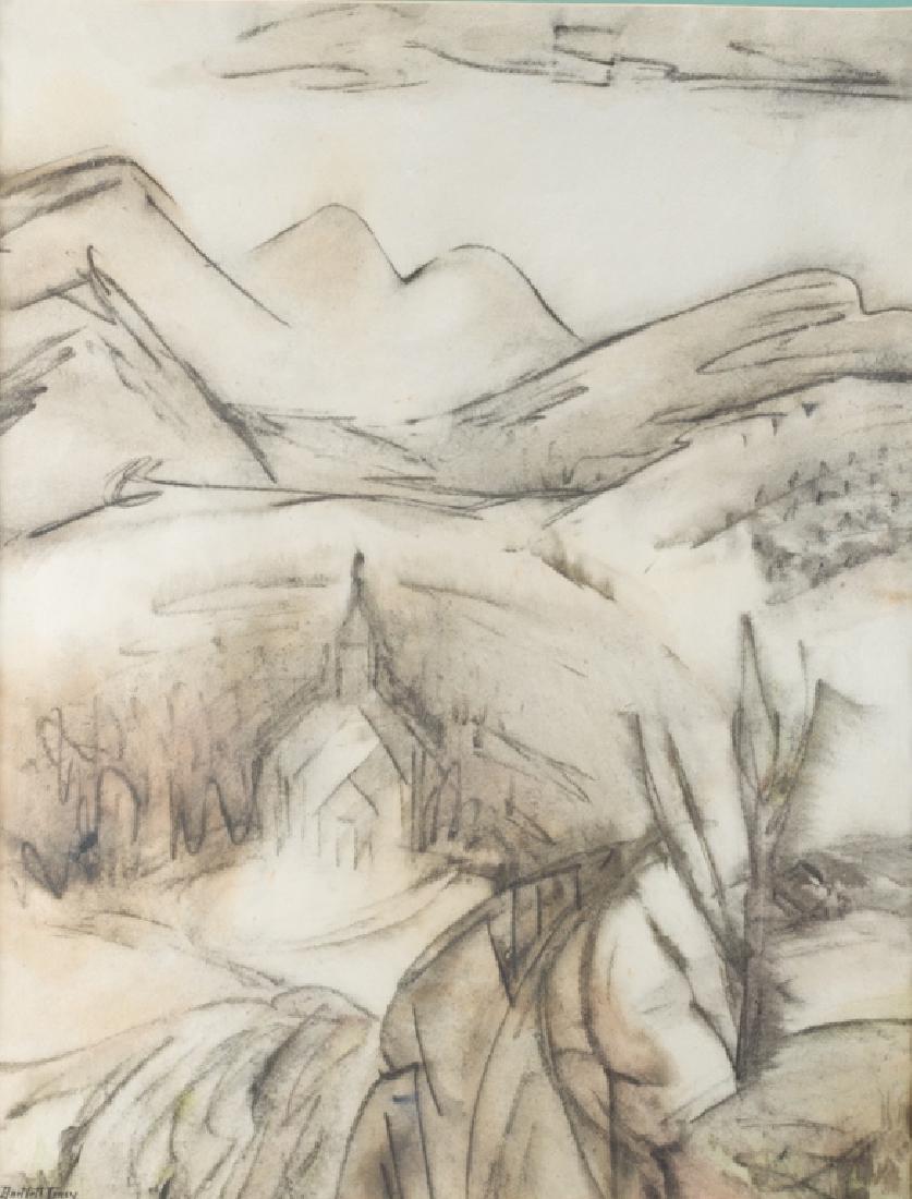 Lois Bartlett Tracy "Culbertson's Chapel" Drawing: Louis Bartlett Tracy (American, 1901-2008) charcoal on paper landscape depicting Culbertson's Chapel among the mountains in Scotts County, VA, as written on the back. Framed and matted under glass and