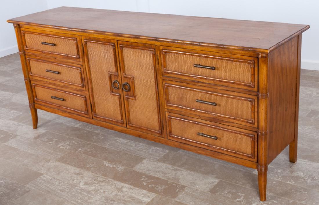 Paoletti Thomasville Long Dresser: Paoletti Distinctive Furniture Thomasville six drawer dresser having double panel doors opening to three additional internal wardrobe drawers in a faux bamboo and rattan design; measures approximately