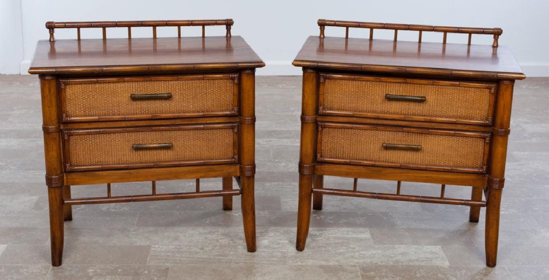Paoletti Thomasville Nightstands Pair: Pair of Paoletti Distinctive Furniture Thomasville two drawer nightstands in a faux bamboo and rattan design; measures 26-1/2” in height with width of 26”, and depth of 16-1/8”, each. Marked to