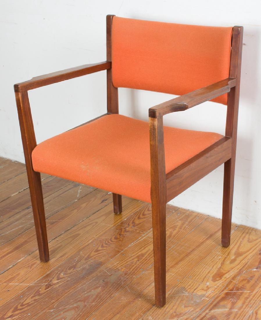 Jens Risom Teak Wood Orange Upholstered Armchair: Jens Risom teak modern armchair with orange upholstered cushioned seat and backrest; marked to bottom; measures approximately 31" high, 24" wide, with a seat depth of 18-1/2", and seat height of 17-1/