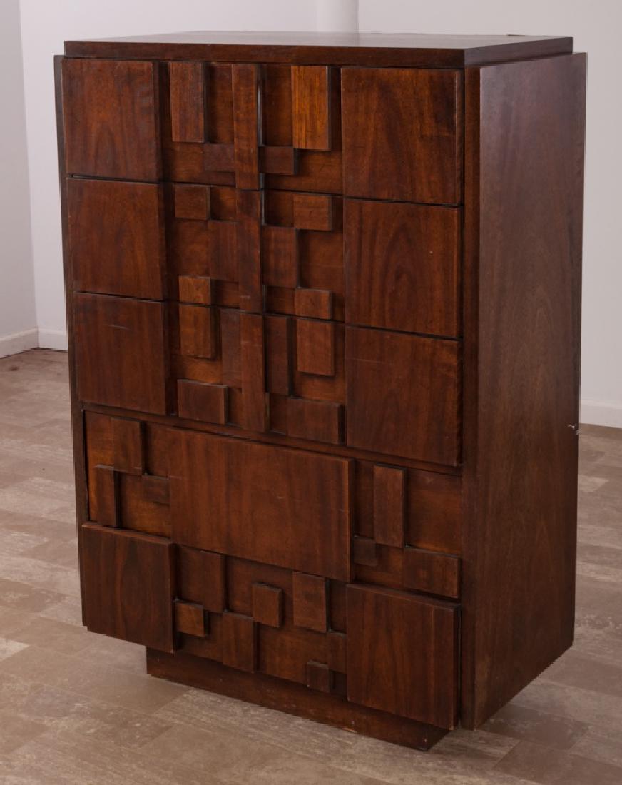 Paul Evans Style Lane Brutalist Chest: Lane Furniture Brutalist style five drawer chest resting on a raised block front; measures approximately 54” high, 38” wide and 19-1/2” in depth. Marked “Lane, Altavista, Virginia” to inside