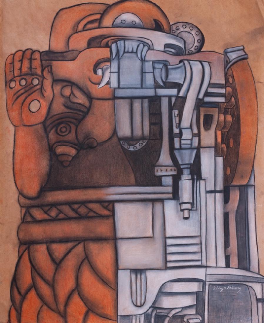 Diego Rivera "Estudio Para Mural" of the Coatlicue: Diego Rivera (Mexico, 1886-1957) unframed mixed media drawing titled "Estudio Para Mural"; a mural study depicting the Aztec Goddess of creation Coatlicue as featured in Rivera's "Pan American Unity"