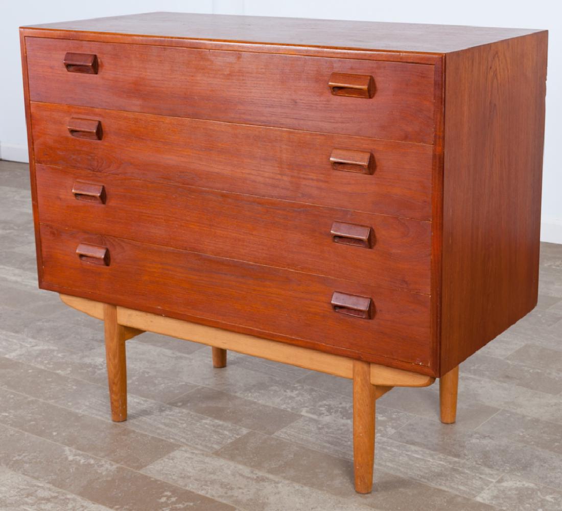 Borge Mogensen Four Drawer Teak and Oak Dresser: Borge Mogensen Danish chest of drawers with a teak top on an oak base, unsigned; measures approximately 34-1/8” high, 39-3/8” wide and 18-1/8” in depth. With “Made in Denmark” stamped to the