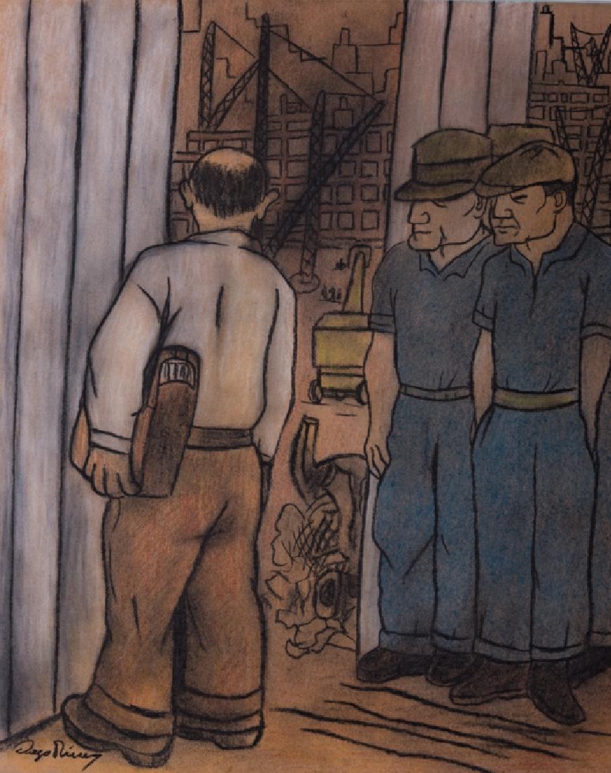 Diego Rivera "The Making of a Fresco..." Study: Diego Rivera (Mexico, 1886-1957) unframed pastel and charcoal drawing on paper depicting a pair of workers and their supervisor at a construction site. Probably a study for "The Making of a Fresco Sho
