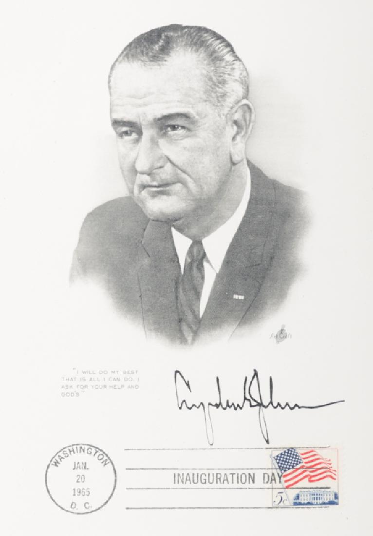 Lyndon B. Johnson Inauguration Day Cover: Lyndon B. Johnson Inauguration Day Cover, framed and matted under glass; measures 14" in height by 11" in width with the stretcher measuring 7-7/8" in height by 5-7/8" in width.