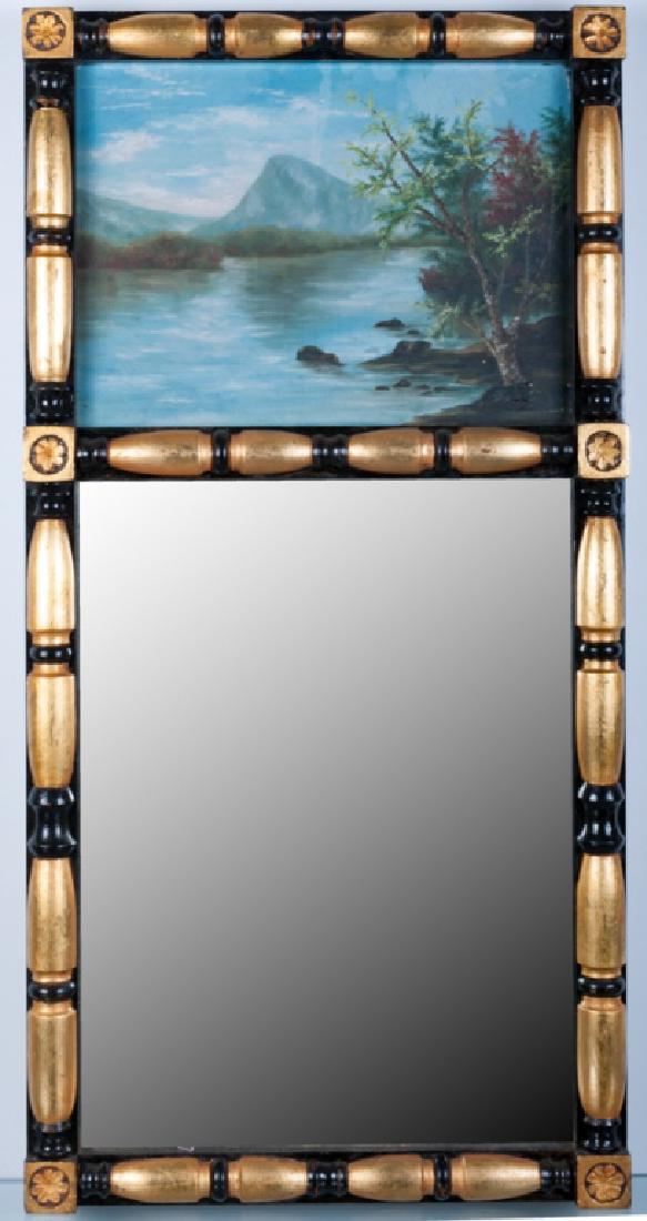 Federal Trumeau Mirror, Circa 1800s: Early 19th Century Federal trumeau mirror, framed and painted gilt and black, original mirror to bottom, an original painting to the top(under glass)signed "David S. Mnia(?), Round Top, Smith Lake, Ca